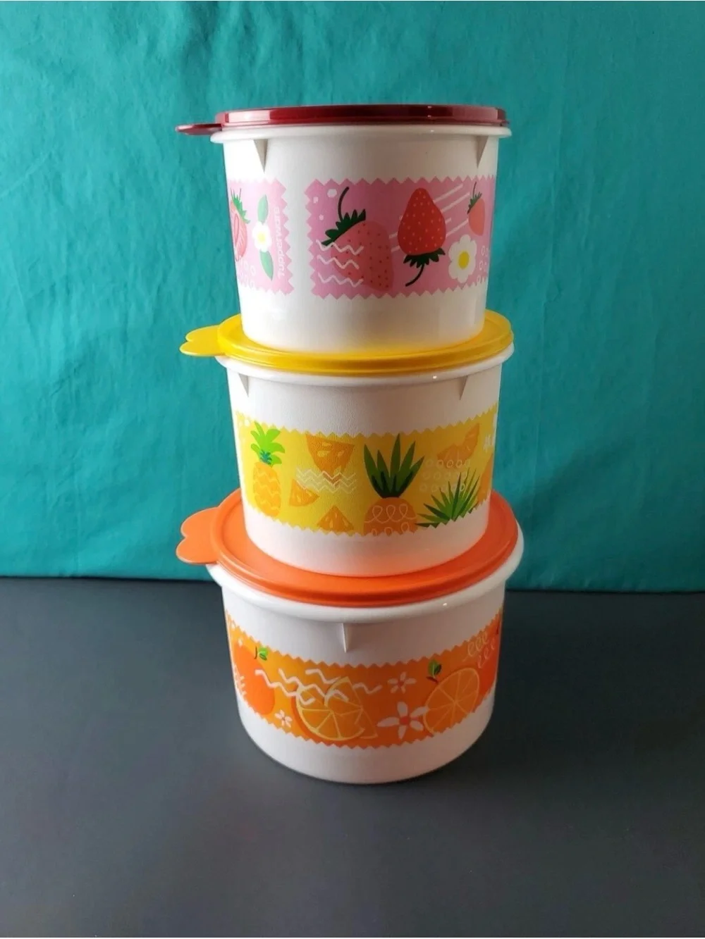 Tupperware Fruit Theme Stacking Canister Set Strawberry Pineapple Orange Citrus